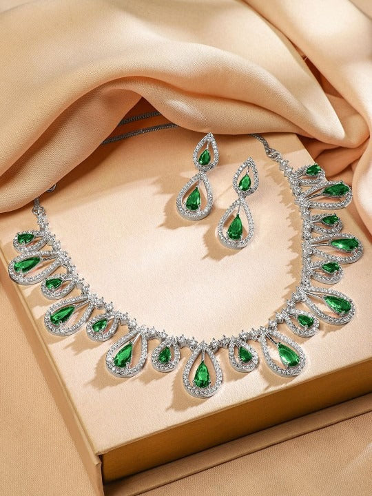 Women Rhodium-Plated Emerald Green & White Cubic Zirconia Studded Teardrop Necklace Set VitansEthnics