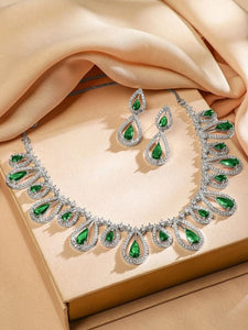 Women Rhodium-Plated Emerald Green & White Cubic Zirconia Studded Teardrop Necklace Set VitansEthnics