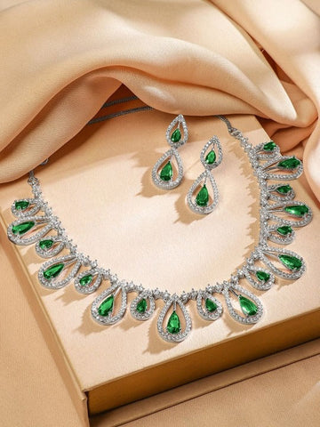 Women Rhodium-Plated Emerald Green & White Cubic Zirconia Studded Teardrop Necklace Set VitansEthnics