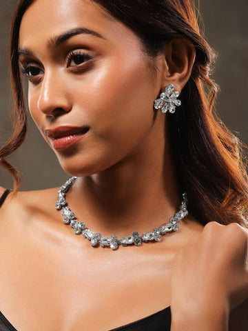 Women Rhodium-Plated Crystal American Diamond & Cubic Zirconia Studded Jewellery Set VitansEthnics