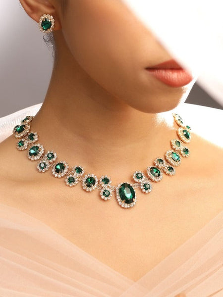 Women Gold Plated Emerald Green Crystal & Cubic Zirconia Studded Necklace Set VitansEthnics