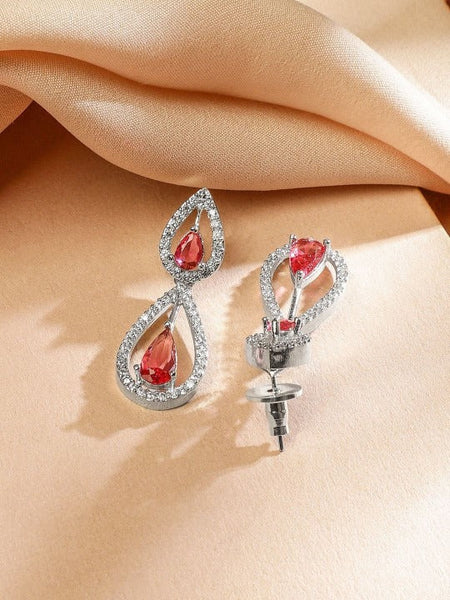 Women Rhodium-Plated Rose Pink & White Cubic Zirconia Studded Teardrop Necklace Set VitansEthnics