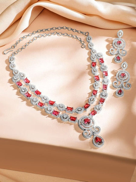 Women Rhodium-Plated Ruby Pink & White Cubic Zirconia Double Layer Luxe Jewellery Set VitansEthnics