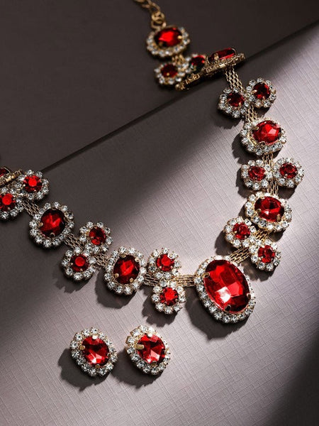 Women Gold Plated Crystal Ruby & CubicZirconia Studded Statement Necklace Set VitansEthnics