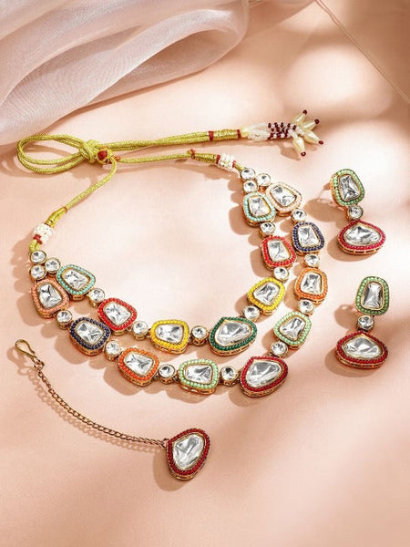 Women Gold Plated Multicolor Kundan Layered Necklace Set With Maang Tikka VitansEthnics