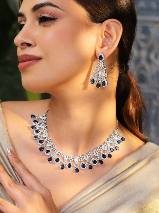 Women Rhodium-Plated Blue Sapphire & White CubicZirconia Statement Necklace Set VitansEthnics