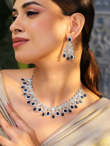 Women Rhodium-Plated Blue Sapphire & White CubicZirconia Statement Necklace Set VitansEthnics