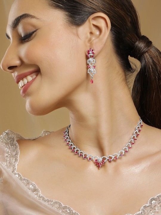Women Rhodium Plated Ruby & Cubic Zirconia Studded Jewellery Set VitansEthnics