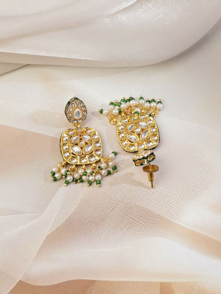Women Gold-Plated White Kundan Studded Green Beaded & Pearl Drop Floral Jewellery Set VitansEthnics