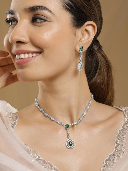 Women Rhodium Plated Emerald Teardrop Pendant Necklace Set with AD & Cubic Zirconia Studed VitansEthnics