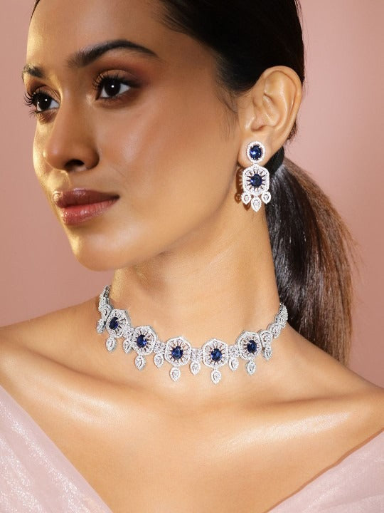 Women Rhodium-Plated Blue Sapphire & Cubic Zirconia Studded Choker Jewellery Set VitansEthnics