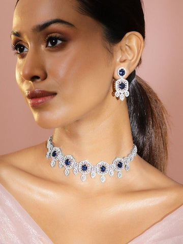 Women Rhodium-Plated Blue Sapphire & Cubic Zirconia Studded Choker Jewellery Set VitansEthnics