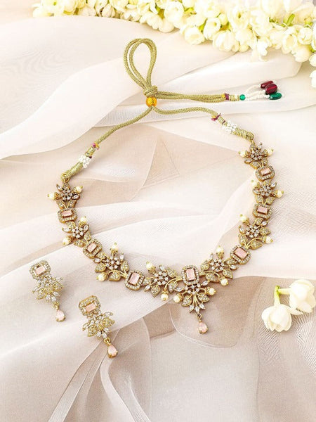 Women Gold Plated Pink Stone & Cubic Zirconia Floral Necklace Set with Pearl Drops VitansEthnics