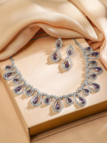 Women Rhodium-Plated Amethyst Purple & White Cubic Zirconia Studded Teardrop Necklace Set VitansEthnics