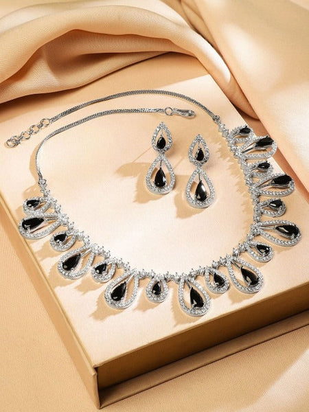 Women Rhodium-Plated Black AD & White Cubic Zirconia Studded Teardrop Design Necklace Set VitansEthnics