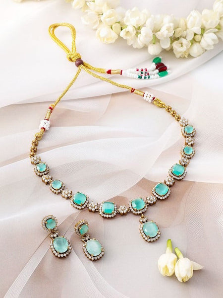 Women Gold-Plated Aqua Green Stone & Cubic Zirconia Studded Necklace Set with Earring VitansEthnics