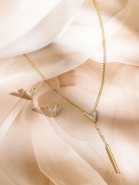 Women Gold Plated Cubic Zirconia Studded V Shape Pendant Necklace & Earrings Set VitansEthnics