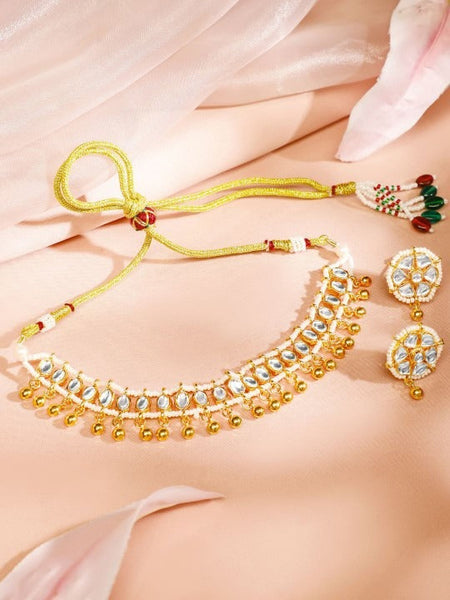 Women Gold-Plated White Kundan Studded Gold Beaded Detailing Choker Necklace Set VitansEthnics