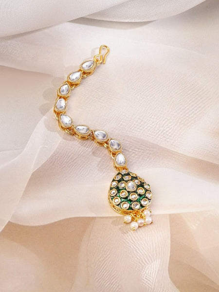 Women Gold-Plated Green Enamel Pearl Bead Drops Kundan Studded Jewellery Set VitansEthnics