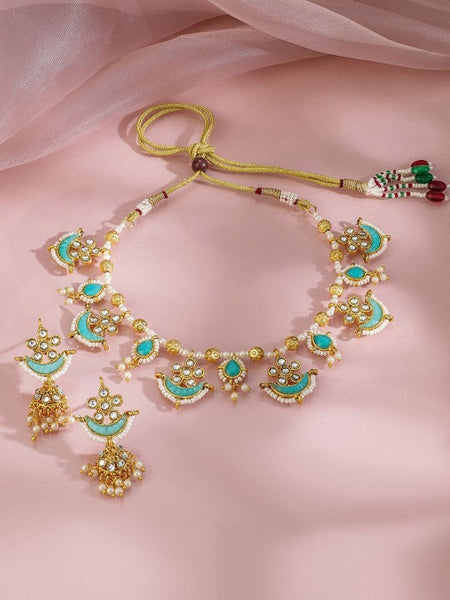 Women Gold Plated Turquoise Beaded & Kundan Stone Studded Traditional Jewellery Set VitansEthnics