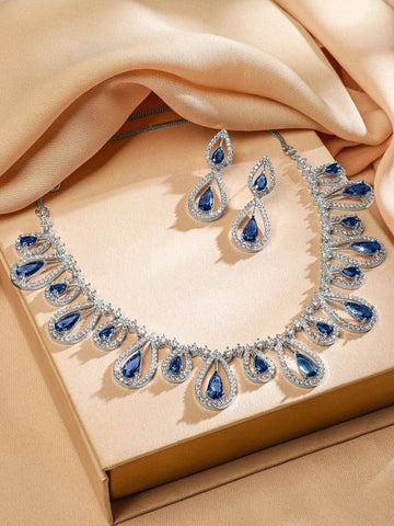 Women Rhodium-Plated Blue Sapphire & White Cubic Zirconia Studded Teardrop Necklace Set VitansEthnics