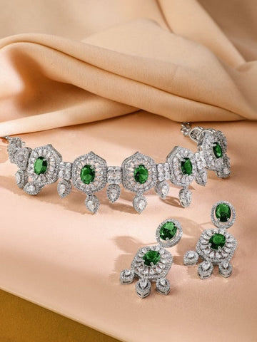 Women Rhodium-Plated Emerald Green & White Cubic Zirconia Studded Choker Jewellery Set VitansEthnics
