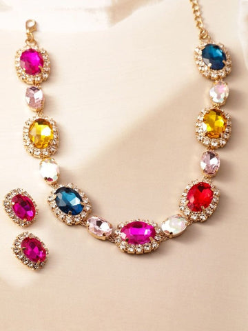 Women Gold Plated Crystal AD & Zirconia Studded Jadau Statement Necklace Set VitansEthnics