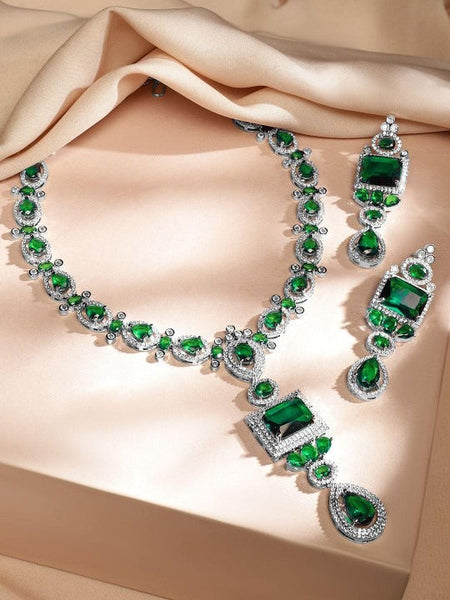 Women Rhodium-Plated Emerald Green & White Cubic Zirconia Studded Luxe Jewellery Set VitansEthnics