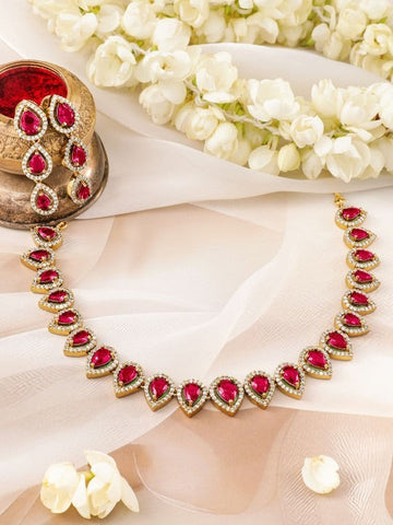 Women Gold-Plated Ruby Pink Stones & White Cubic Zirconia Handcrafted Necklace Set VitansEthnics