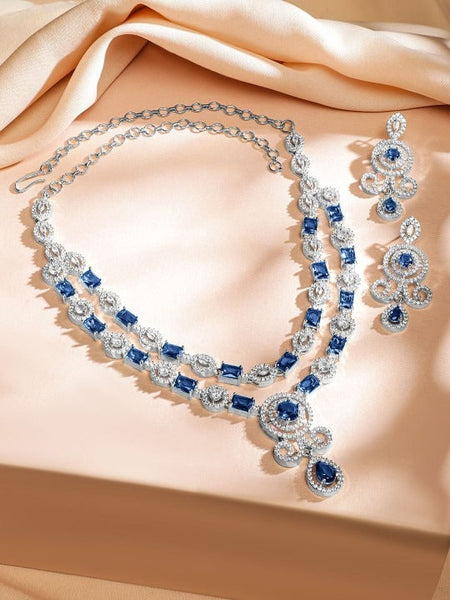 Women Rhodium-Plated Blue Sapphire & White Cubic Zirconia Double Layer Luxe Jewellery Set VitansEthnics