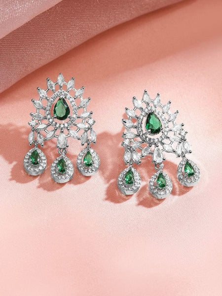 Women Rhodium-Plated Emerald Green & White Cubic Zirconia Studded Chandelier Necklace Set VitansEthnics