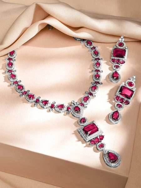 Women Rhodium-Plated Ruby Pink & White Cubic Zirconia Studded Luxe Jewellery Set VitansEthnics