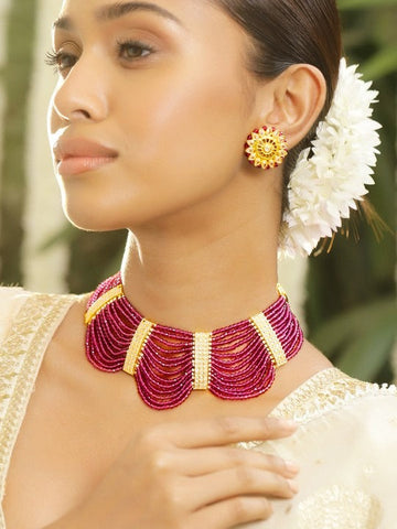 Women Gold Plated Ruby Pink Beaded & Cubic Zirconia Multi Strand Choker Jewellery Set VitansEthnics
