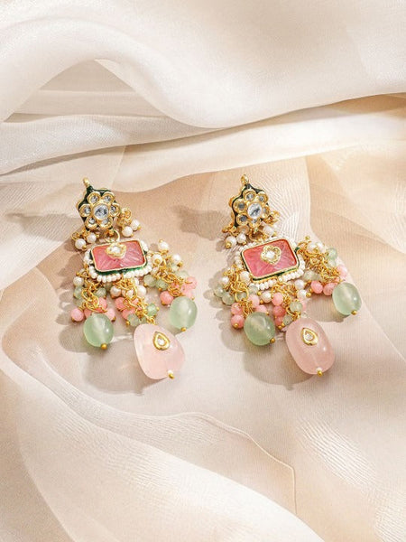 Women Gold-Plated Enamel Kundan Necklace Set with Pastel Pink Green Beads & CZ Accent VitansEthnics