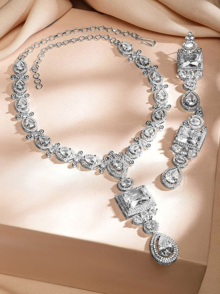 Women Rhodium-Plated White Cubic Zirconia Studded Statement Luxe Jewellery Set VitansEthnics