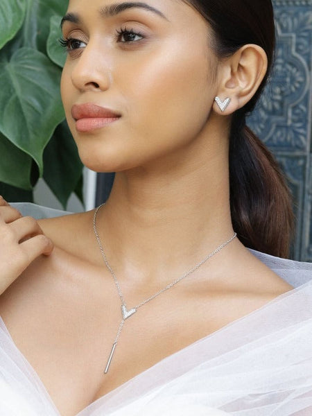 Women Rhodium Plated Cubic Zirconia Studded V Shaped Pendant Necklace Set VitansEthnics