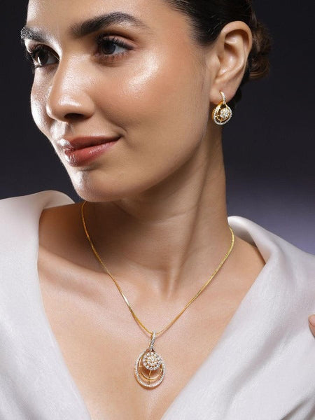 Women Gold-Plated White Cubic Zirconia Studded Teardrop Floral Pendant Necklace Set VitansEthnics