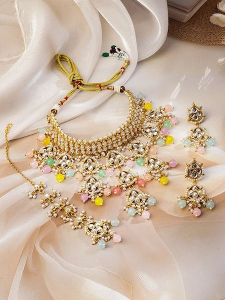 Women Gold-Plated White Kundan Studed & Pastel Multicolor Beaded Choker Necklace Set VitansEthnics