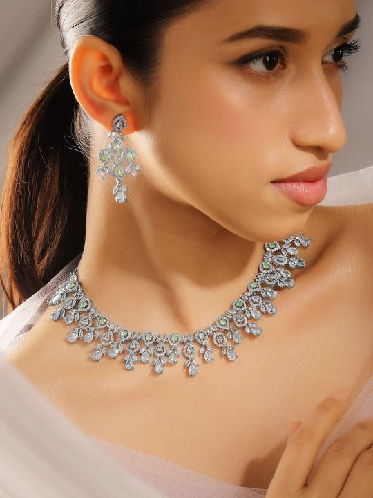 Women Rhodium-Plated Mint Green & White Cubic Zirconia Studded Premium Necklace Set VitansEthnics