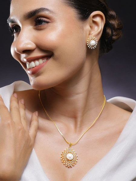 Women Gold-Plated Pearl & White Cubic Zirconia Studded Sunburst Pendant Necklace Set VitansEthnics