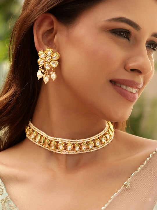 Women Gold Plated White Pearl Beaded Floral Kundan Choker Necklace Set VitansEthnics
