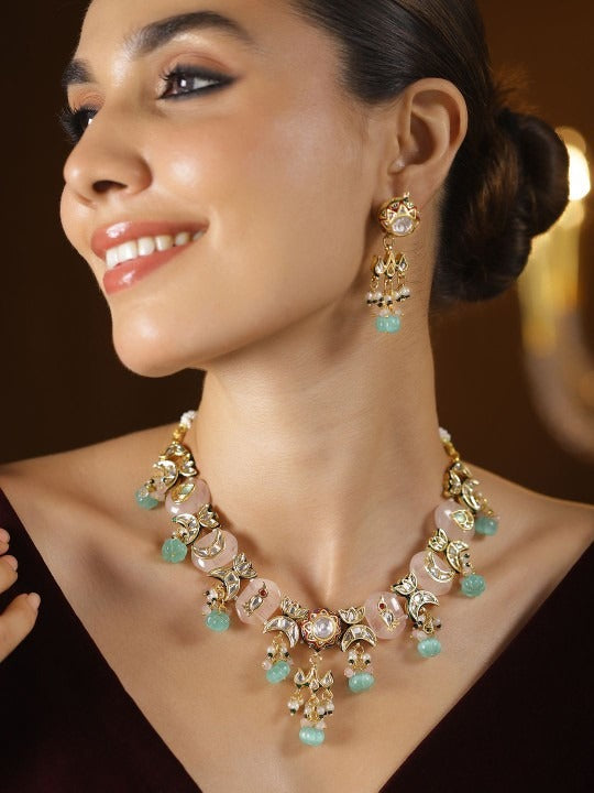 Women Gold-Plated Meenakari Kundan Necklace Set with Pastel Pink & Green Floral Beads VitansEthnics
