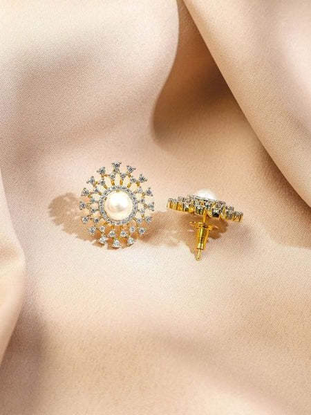 Women Gold-Plated Pearl & White Cubic Zirconia Studded Sunburst Pendant Necklace Set VitansEthnics