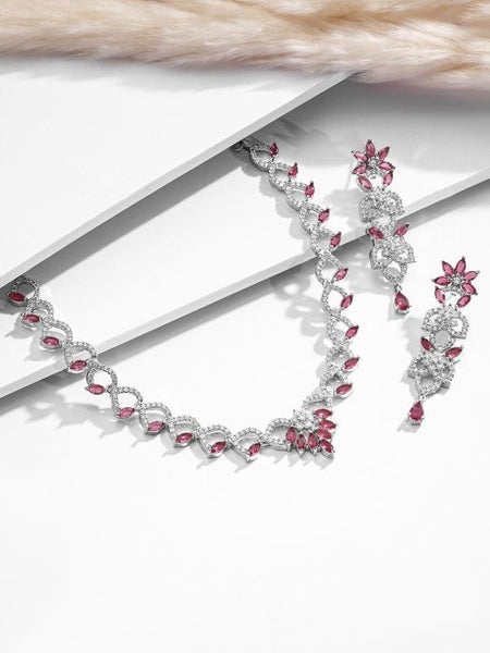 Women Rhodium Plated Ruby & Cubic Zirconia Studded Jewellery Set VitansEthnics