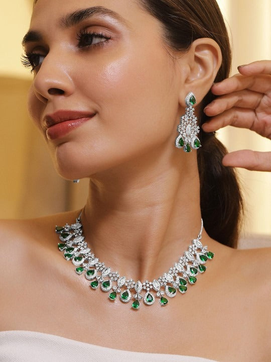 Women Rhodium Plated Emerald Green & White Cubic Zirconia Studded Statement Jewellery Set VitansEthnics