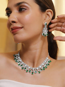 Women Rhodium Plated Emerald Green & White Cubic Zirconia Studded Statement Jewellery Set VitansEthnics