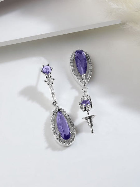Women Rhodium Plated Purple Sapphire Teardrop Necklace Set with AD & Cubic Zirconia VitansEthnics