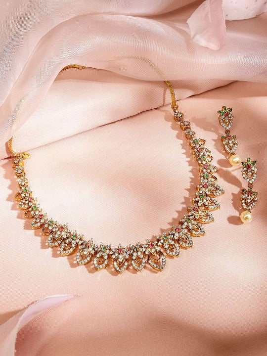 Women Gold-Plated Multicolour Cubic Zirconia Studded Floral Leaf Design Necklace Set VitansEthnics