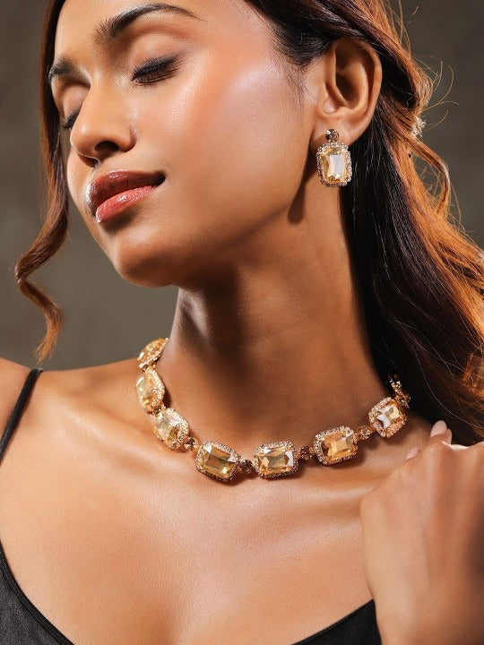 Women Gold Plated Golden Crystal & Cubic Zirconia Studded Bold Statement Jewelry Set VitansEthnics