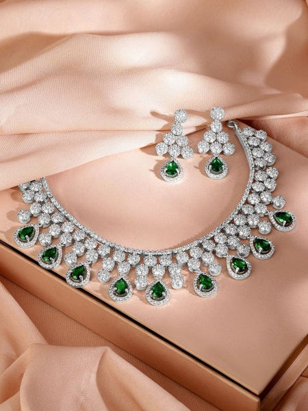 Women Rhodium-Plated Emerald Green & Cubic Zirconia Studded Necklace Set VitansEthnics
